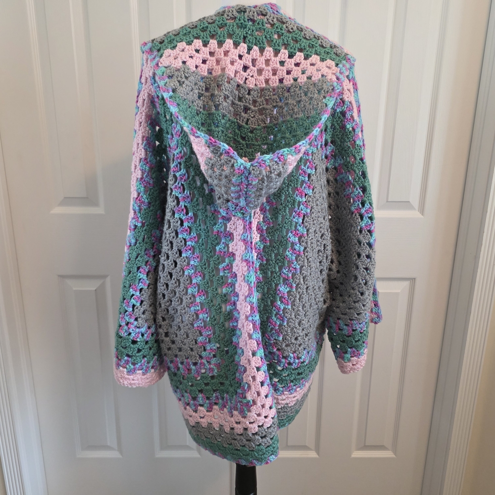 Handmade Crochet Hooded Cardigan Boho Granny Sq Oversized Chunky Knit Festival - Picture 5 of 13